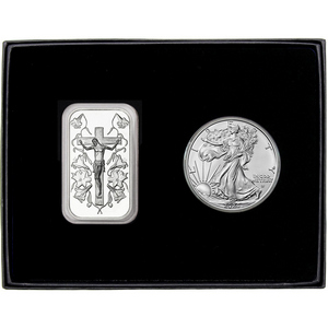 Jesus on the Cross Silver Bar and Silver American Eagle 2pc Gift Set