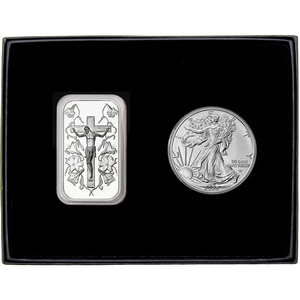 Jesus on the Cross Silver Bar and Silver American Eagle 2pc Gift Set Jesus on the Cross Silver Bar and Silver American Eagle 2pc Gift Set