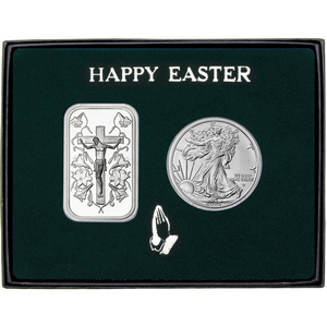 Happy Easter Jesus on the Cross Silver Bar and Silver American Eagle 2pc Gift Set Happy Easter Jesus on the Cross Silver Bar and Silver American Eagle 2pc Gift Set