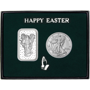 Happy Easter Guardian Angel Silver Bar and Silver American Eagle 2pc Gift Set Happy Easter Guardian Angel Silver Bar and Silver American Eagle 2pc Gift Set