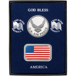 Enameled American Flag Silver Bar and Air Force Silver Medallion 2pc Gift Set