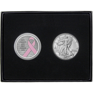 Pink Breast Cancer Awareness Ribbon Silver Medallion Enameled and Silver American Eagle 2pc Gift Set Pink Breast Cancer Awareness Ribbon Silver Medallion Enameled and Silver American Eagle 2pc Gift Set