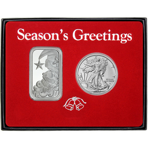 Season's Greetings Santa Claus Silver Bar and Silver American Eagle 2pc Box Gift Set
