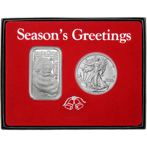 Season's Greetings Santa Claus Nicknames Silver Bar and Silver American Eagle 2pc Box Gift Set Season's Greetings Santa Claus Nicknames Silver Bar and Silver American Eagle 2pc Box Gift Set