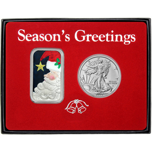 Season's Greetings Santa Filling Stocking Enameled Silver Bar and Silver American Eagle 2pc Box Gift Set