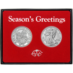 Season's Greetings Caroing Snowman Silver Medallion and Silver American Eagle 2pc Box Gift Set Season's Greetings Caroing Snowman Silver Medallion and Silver American Eagle 2pc Box Gift Set