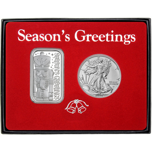 Season's Greetings Nutcracker Silver Bar and Silver American Eagle 2pc Box Gift Set