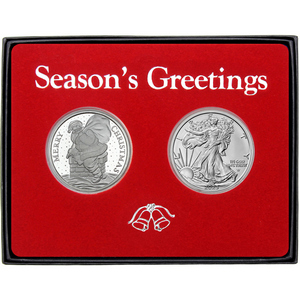 Season's Greetings Santa Bells Silver Round and Silver American Eagle 2pc Box Gift Set