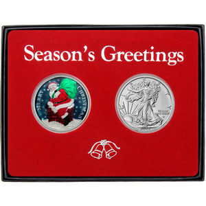 Season's Greetings Santa Bells Enameled Silver Round and Silver American Eagle 2pc Box Gift Set