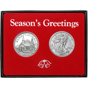 Season's Greetings Glad Tidings Church Silver Medallion and Silver American Eagle 2pc Box Gift Set Season's Greetings Glad Tidings Church Silver Medallion and Silver American Eagle 2pc Box Gift Set