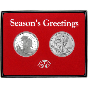 Season's Greetings Angel Light the Way Silver Round and Silver American Eagle 2pc Box Gift Set