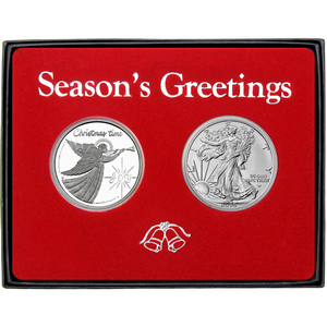 Season's Greetings Joy Angel Silver Round and Silver American Eagle 2pc Box Gift Set Season's Greetings Joy Angel Silver Round and Silver American Eagle 2pc Box Gift Set