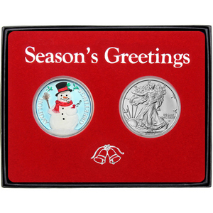 Season's Greetings Prince of Peace Enameled Silver Bar and Silver American Eagle 2pc Box Gift Set