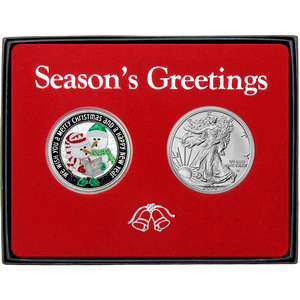 Season's Greetings Caroling Snowman Enameled Silver Medallion and Silver American Eagle 2pc Box Gift Set Season's Greetings Caroling Snowman Enameled Silver Medallion and Silver American Eagle 2pc Box Gift Set