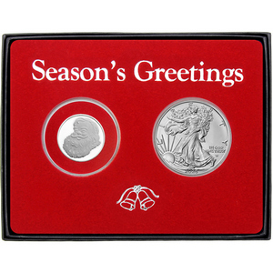 Season's Greetings Santa Believe Half Ounce Silver Medallion and Silver American Eagle 2pc Box Gift Set Season's Greetings Santa Believe Half Ounce Silver Medallion and Silver American Eagle 2pc Box Gift Set