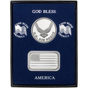 American Flag Silver Bar and Air Force Silver Medallion 2pc Gift Set