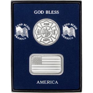 American Flag Silver Bar and Fire Department Silver Medallion 2pc Gift Set