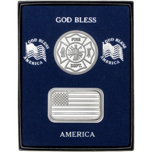 American Flag Silver Bar and Fire Department Silver Medallion 2pc Gift Set American Flag Silver Bar and Fire Department Silver Medallion 2pc Gift Set