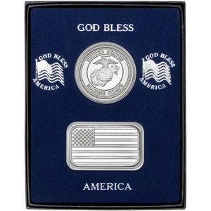 American Flag Silver Bar and Marines Silver Medallion 2pc Gift Set