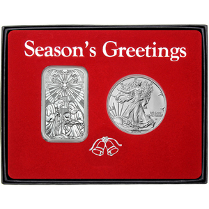Season's Greetings Stained Glass Nativity Scene Silver Bar and Silver American Eagle 2pc Box Gift Set Season's Greetings Stained Glass Nativity Scene Silver Bar and Silver American Eagle 2pc Box Gift Set