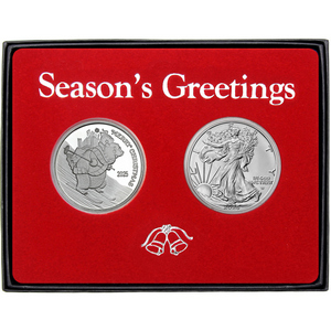 Season's Greetings Skiing Polar Bear Silver Medallion and Silver American Eagle 2pc Box Gift Set