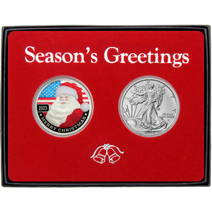 Season's Greetings Patriotic Santa Claus Enameled Silver Round and Silver American Eagle 2pc Box Gift Set