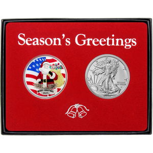 Season's Greetings Patriotic Santa Claus Enameled Silver Medallion and Silver American Eagle 2pc Box Gift Set Season's Greetings Patriotic Santa Claus Enameled Silver Medallion and Silver American Eagle 2pc Box Gift Set