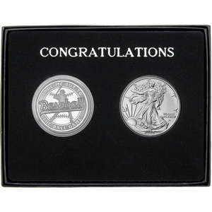 Congratulations Baseball Athlete Silver Medallion and Silver American Eagle 2pc Gift Set Congratulations Baseball Athlete Silver Medallion and Silver American Eagle 2pc Gift Set