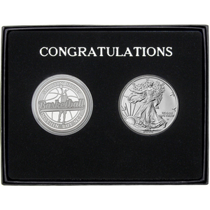 Congratulations Basketball Athlete Silver Medallion and Silver American Eagle 2pc Gift Set Congratulations Basketball Athlete Silver Medallion and Silver American Eagle 2pc Gift Set