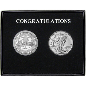 Congratulations Football Athlete Silver Medallion and Silver American Eagle 2pc Gift Set Congratulations Football Athlete Silver Medallion and Silver American Eagle 2pc Gift Set