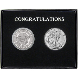 Congratulations Golf Athlete Silver Medallion and Silver American Eagle 2pc Gift Set Congratulations Golf Athlete Silver Medallion and Silver American Eagle 2pc Gift Set