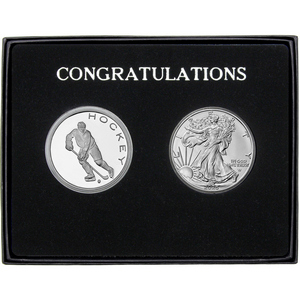 Congratulations Hockey Athlete Silver Round and Silver American Eagle 2pc Gift Set