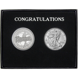 Congratulations Soccer Athlete Silver Medallion and Silver American Eagle 2pc Gift Set Congratulations Soccer Athlete Silver Medallion and Silver American Eagle 2pc Gift Set