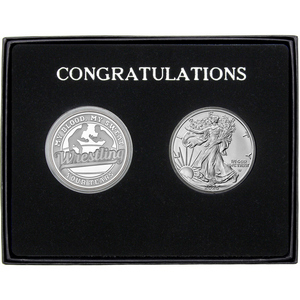 Congratulations Wrestling Athlete Silver Medallion and Silver American Eagle 2pc Gift Set Congratulations Wrestling Athlete Silver Medallion and Silver American Eagle 2pc Gift Set