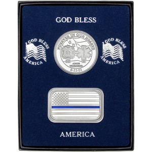 9/11 Tribute Silver Medallion and Blue Line Enameled American Flag Silver Bar 2pc Gift Set 9/11 Tribute Silver Medallion and Blue Line Enameled American Flag Silver Bar 2pc Gift Set