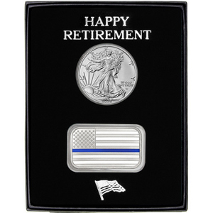 Happy Retirement Enameled Blue Line American Flag Silver Bar and Silver American Eagle 2pc Gift Set Happy Retirement Enameled Blue Line American Flag Silver Bar and Silver American Eagle 2pc Gift Set