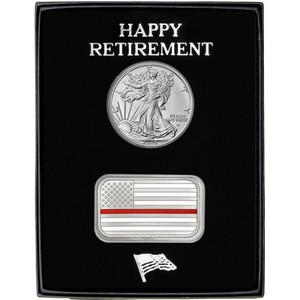 Happy Retirement Enameled Red Line American Flag Silver Bar and Silver American Eagle 2pc Gift Set