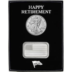 Happy Retirement American Flag Silver Bar and Silver American Eagle 2pc Gift Set Happy Retirement American Flag Silver Bar and Silver American Eagle 2pc Gift Set