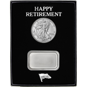 Happy Retirement Blank Silver Bar and Silver American Eagle 2pc Gift Set Happy Retirement Blank Silver Bar and Silver American Eagle 2pc Gift Set