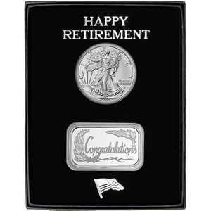 Happy Retirement Congratulations Silver Bar and Silver American Eagle 2pc Gift Set Happy Retirement Congratulations Silver Bar and Silver American Eagle 2pc Gift Set