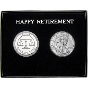 Happy Retirement Police Silver Medallion and Silver American Eagle 2pc Gift Set Happy Retirement Police Silver Medallion and Silver American Eagle 2pc Gift Set