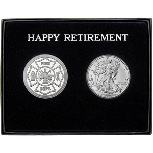 Happy Retirement Fire Department Silver Medallion and Silver American Eagle 2pc Gift Set Happy Retirement Fire Department Silver Medallion and Silver American Eagle 2pc Gift Set