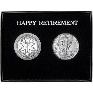 Happy Retirement EMS Silver Medallion and Silver American Eagle 2pc Gift Set Happy Retirement EMS Silver Medallion and Silver American Eagle 2pc Gift Set