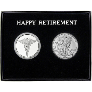 Happy Retirement Medical Silver Medallion and Silver American Eagle 2pc Gift Set Happy Retirement Medical Silver Medallion and Silver American Eagle 2pc Gift Set