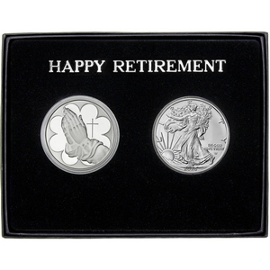Happy Retirement Praying Hands Silver Medallion and Silver American Eagle 2pc Gift Set Happy Retirement Praying Hands Silver Medallion and Silver American Eagle 2pc Gift Set