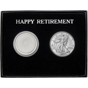 Happy Retirement Blank Silver Medallion and Silver American Eagle 2pc Gift Set Happy Retirement Blank Silver Medallion and Silver American Eagle 2pc Gift Set