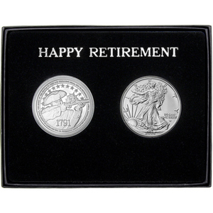 Happy Retirement 2nd Amendment Silver Medallion and Silver American Eagle 2pc Gift Set Happy Retirement 2nd Amendment Silver Medallion and Silver American Eagle 2pc Gift Set