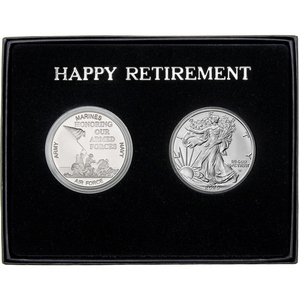 Happy Retirement Honoring Our Armed Forces Silver Medallion and Silver American Eagle 2pc Gift Set