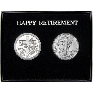 Happy Retirement Religious Cross Silver Medallion and Silver American Eagle 2pc Gift Set Happy Retirement Religious Cross Silver Medallion and Silver American Eagle 2pc Gift Set