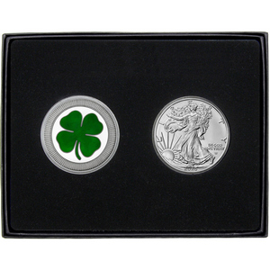Four Leaf Clover Stackables Enameled Silver Medallion and Silver American Eagle 2pc Gift Set Four Leaf Clover Stackables Enameled Silver Medallion and Silver American Eagle 2pc Gift Set